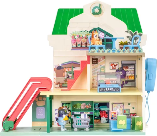 Bluey Bluey - Juego de supermercado y bingo con escalera mecánica, juguetes de simulación para niños pequeños, sonidos y 15 piezas, juego de tienda
