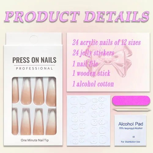 Miniatura 4 de Uñas postizas largas a presión estilo stiletto, uñas postizas francesas degradadas blancas, uñas postizas brillantes de cobertura completa