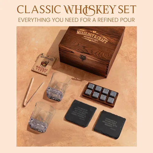 Miniatura 2 de Mixology & Craft Juego de regalo de piedras de whisky, dos vasos de whisky de cristal de 10 onzas, 8 rocas frías de granito, 2 posavasos de pizarra