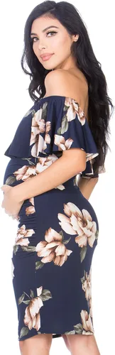 Miniatura 4 de My Bump Womens Off Shoulder Maternity Dress - Ruched Ruffle Off Shoulder Baby Shower Pregnancy Dress (Made in USA)