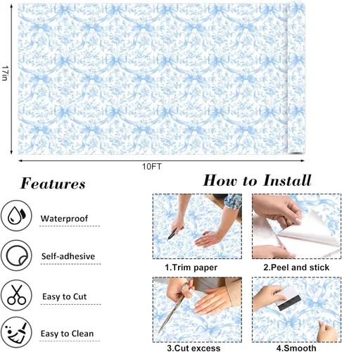 Miniatura 2 de FYSUIMU Papel Tapiz Floral con Lazo Azul Despegar y Pegar en Rollo, Papel de Contacto Coquette con Moños y Flores, Autoadhesivo, Decoración de Pared