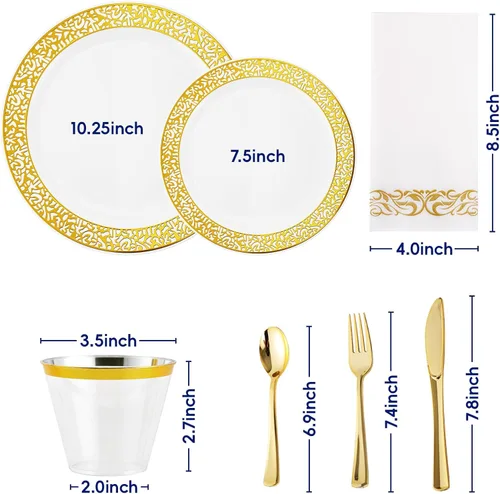 Miniatura 2 de Vajilla de plástico dorado de 210 unidades, platos desechables dorados, incluye: 30 platos de cena y 30 platos de postre, 30 tazas, 30 servilletas