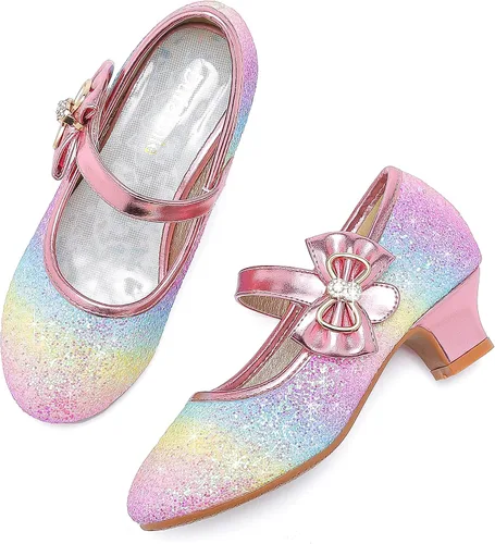 Miniatura 3 de Dufannie Zapatos de vestir para niñas, zapatos de tacón bajo de princesa, zapatos planos con purpurina para bodas y fiestas