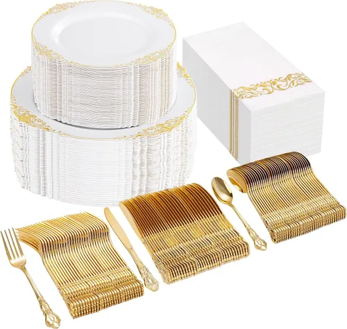 Miniatura 16 de Ciaell 350 platos de plástico rosa, platos desechables de color rosa y dorado, incluyen 50 platos desechables, 150 cubiertos resistentes, 50 tazas