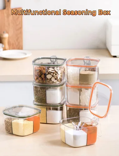 Miniatura 7 de Caja transparente de marca, juego de recipientes sellados de 4 compartimentos con tapa, cubierta y cucharas de servir, tarros de plástico