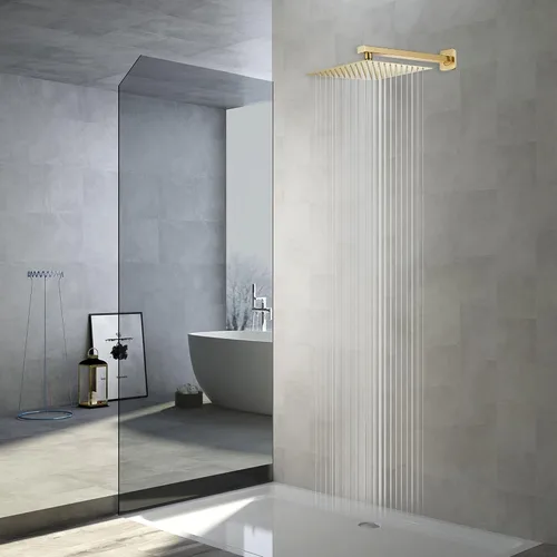 Miniatura 3 de Cabezal de ducha cuadrado de acero inoxidable dorado cepillado de 10 pulgadas, cabezal de ducha de lluvia, diseño ultrafino, mejor aumento