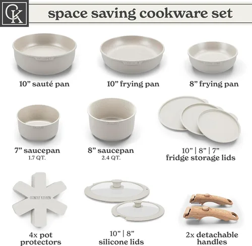 Miniatura 3 de Country Kitchen Juego de utensilios de cocina con mango extraíble, juego de ollas y sartenes aptas para horno y caravana, mango de madera moteada