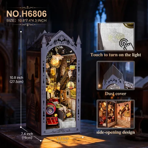 Miniatura 2 de Kit de rincón de libro de estación de tren retro, rompecabezas de casa de muñecas en miniatura 3D con luz LED, apto para principiantes para adultos
