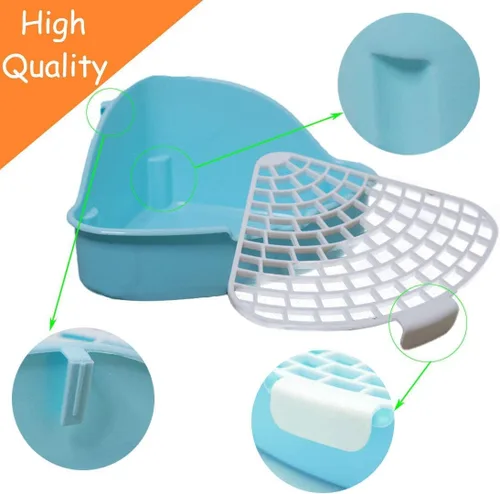 Miniatura 3 de Hamiledyi Caja de arena pequeña para conejo para jaula triangular, entrenador de orinal de esquina, conejo, inodoro, bandeja de plástico para Azul