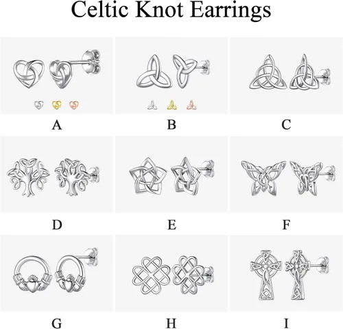 Miniatura 6 de ChicSilver Aretes de nudo celta hipoalergénicos de plata de ley 925 con forma de corazóntriángulo, joyería celta para mujer, plataorooro rosa