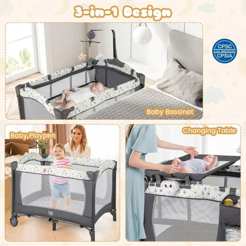 Miniatura 2 de BABY JOY 3 en 1 Pack and Play, Corralito Portátil para Bebé con Moisés, Mesa Cambiadora, Ruedas con Seguro, Caja de Música Luminosa, Cuna de Viaje