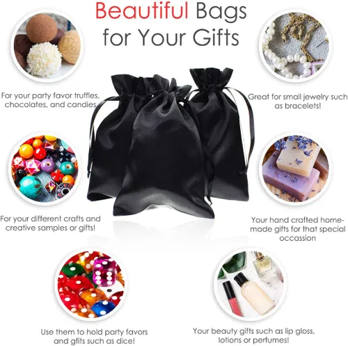 Miniatura 2 de Bolsas de regalo de satén negro de 4" x 6", bolsas de joyería, bolsas de regalo de boda con cordón, para baby shower, Navidad, 50 por paquete Negro