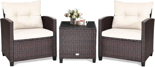 KOTEK Juego de muebles de patio de 3 piezas, juego de conversación al aire libre con cojines lavables y mesa de vidrio templado, juego de bistró de