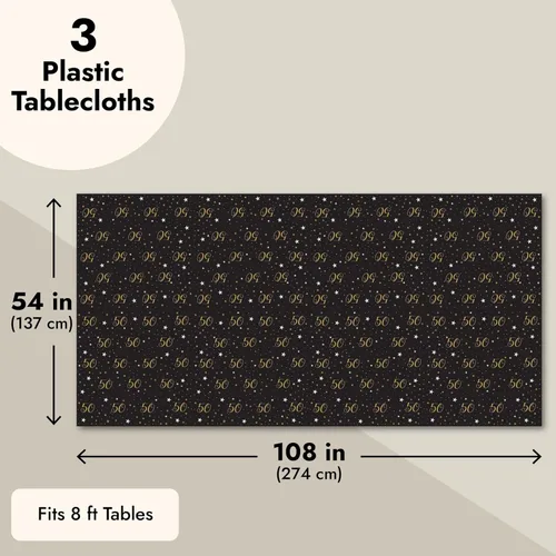 Miniatura 4 de Juvale Manteles de 50 cumpleaños – Paquete de 3, 54 x 108 pulgadas, negro y dorado, decoraciones de cumpleaños 50 para hombres y decoraciones