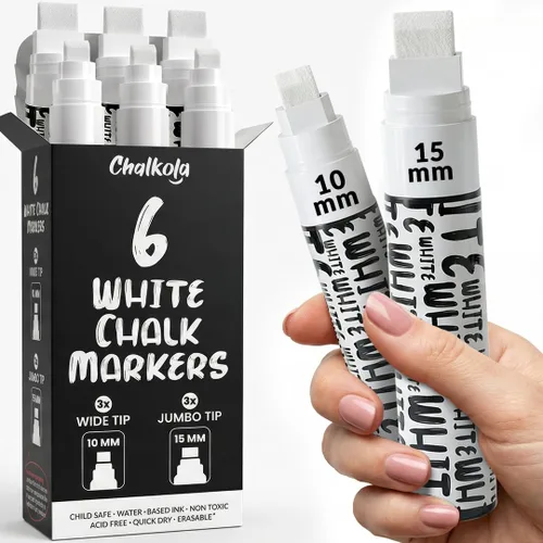 Miniatura 14 de Chalkola Marcadores de tiza blanca (paquete de 6) – Bolígrafos de tiza líquida de borrado en seco blanco para pizarra, pizarra, ventana, bistró, 6