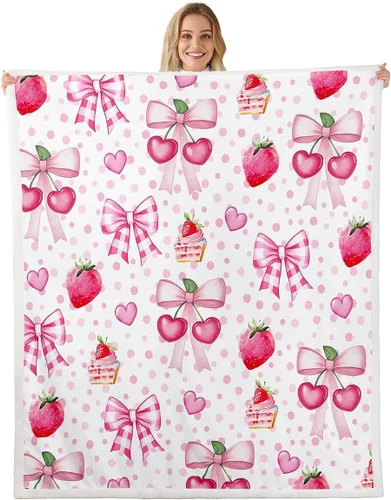 Miniatura 44 de Manta de franela con lazo rosa, manta de vellón con lazo en acuarela para decoración del hogar, sofá, sofá, manta de forro polar kawaii de dibujos