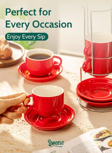 Miniatura 5 de Sweese Tazas apilables de porcelana para capuchino de 8 onzas con platillos y soporte de metal, para bebidas de café especiales, capuchino, café