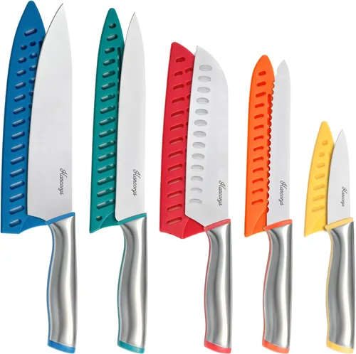 Juego de cuchillos de cocina de 11 piezas, juego de cuchillos de chef de acero inoxidable alemán de alto carbono con 5 protectores de cuchillas,