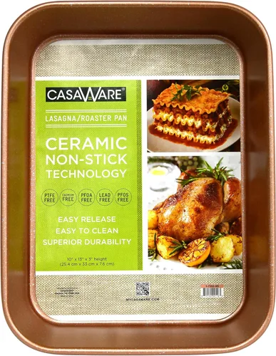 casaWare Cacerola antiadherente para lasaña/asadora con revestimiento de cerámica, 13 x 10 x 3 pulgadas (granito oro rosa)