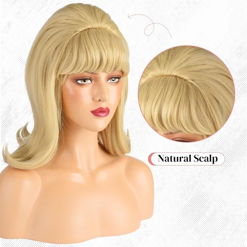 Miniatura 4 de LONAI Peluca rubia retro de los años 50, 60 y 70, peluca con flequillo para mujer, colmena estilo vintage, pelo sintético para fiesta de disfraces