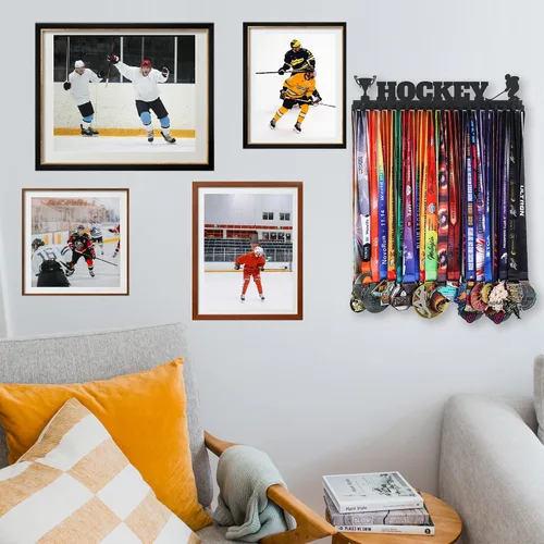 Miniatura 7 de Goutoports Soporte de exhibición de medallas de hockey para carreras deportivas, metal de acero negro resistente con más de 60 medallas, fácil