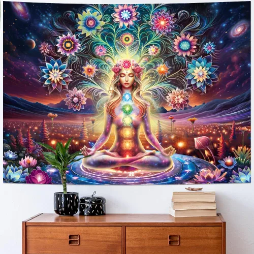 Miniatura 4 de Dermijer - Tapiz de luz negra con siete chacras para yoga y meditación - Tapiz de chacras de flores - Tapiz de galaxia, espacio y planetas - Tapiz