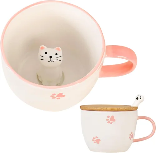Miniatura 16 de BigNoseDeer Taza Bonita de Dinosaurio Taza de Café de Cerámica con Dinosaurio de Dibujos Animados 3D en el Interior, Tazas Divertidas con Tapa