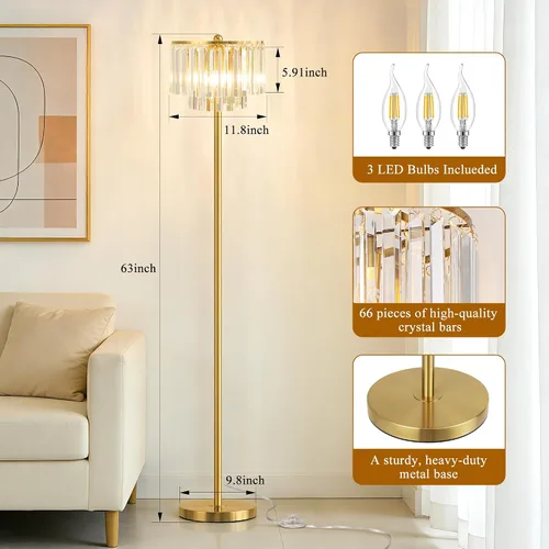 Miniatura 4 de QiMH Lámparas de pie para sala de estar, lámpara de pie dorada con interruptor de pie de encendido/apagado, lámpara de pie con pantalla de barras