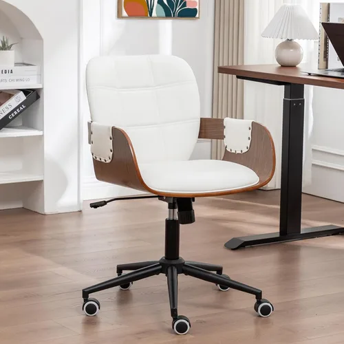 Miniatura 10 de Silla de escritorio de oficina en casa con ruedas giratorias, artesanía de nogal, respaldo y brazos curvos ergonómicos, piel sintética, altura Nogal