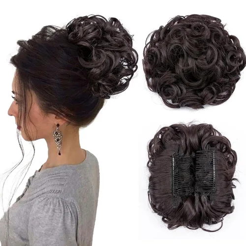 Miniatura 9 de Benehair Moño desordenado con peines con clip en moño de Juva, moño de Juva, esponjoso, ondulado, fácil de estirar, moño grande, cola de caballo