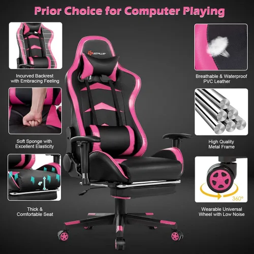 Miniatura 9 de Goplus Silla de juegos de masaje, respaldo reclinable, barandillas y ajuste de altura del asiento, silla de oficina para computadora de carreras