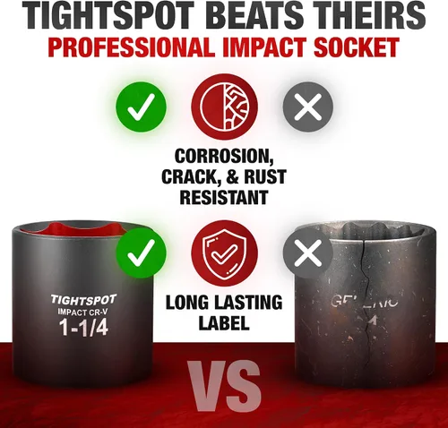 Miniatura 3 de TIGHTSPOT - Llave de tubo de 1/2 pulgada - Dado de impacto superficial de 1 1/4 pulgadas con diseño de 6 puntas anti-redondez, acero CRV tratado