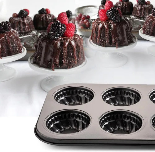 Miniatura 6 de Yomvzake Mini molde para tartas, 6 cavidades de tubo acanalado para tartas, molde para brownie, molde redondo pequeño para tartas para tartas