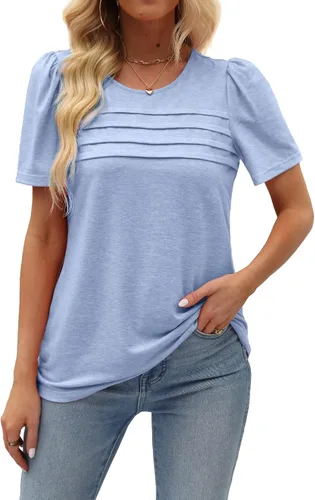 Miniatura 59 de JomeDesign - Camisetas casuales de verano para mujer, manga corta, cuello redondo, manga abullonada