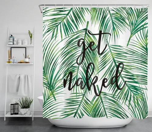 Miniatura 18 de LB Cortina de ducha de plantas de hojas verdes tropicales, citas divertidas y hojas de palma en cortinas de ducha beige para baño, tela de poliéster