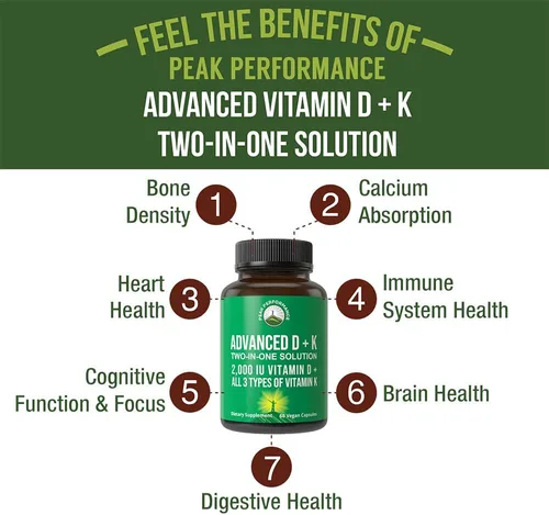 Miniatura 2 de Peak Performance Vitamina D avanzada de 2000 UI con los 3 tipos de vitamina K, vitamina D3 y vitamina K2, K1, MK-7 (MK7), suplementos MK4 - 60