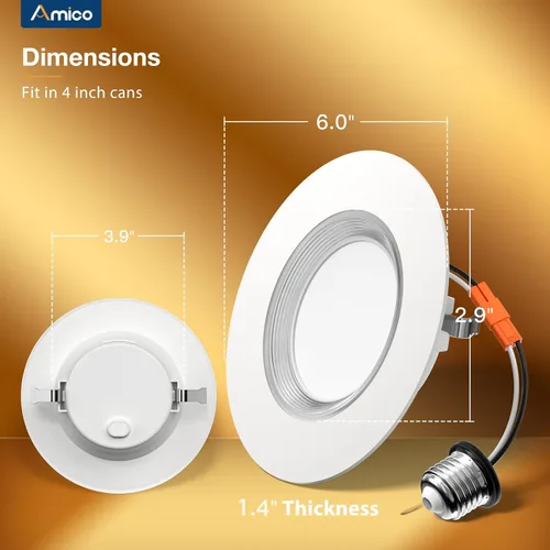 Miniatura 6 de Amico Paquete de 12 luces LED empotrables 5CCT de 4 pulgadas con luz nocturna, 8 W = 60 W, 700 lm luces de lata con borde deflector, regulable