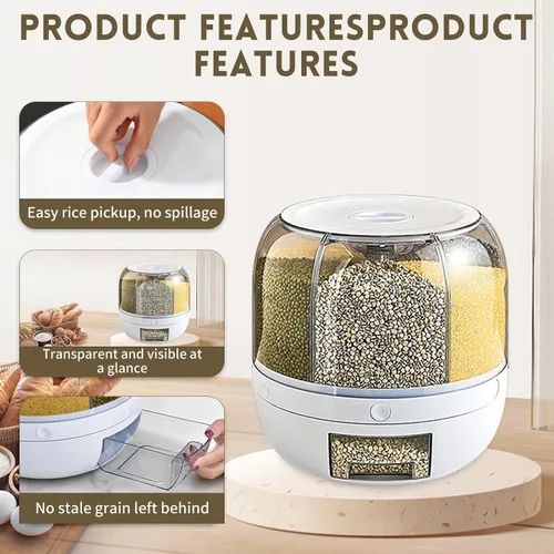 Miniatura 3 de Dispensador de Contenedor de Almacenamiento de Granos, Dispensador de Arroz Giratorio de 6 Compartimentos, Dispensador de Alimentos Giratorio