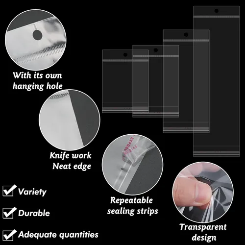 Miniatura 4 de 400 bolsas autosellantes con agujero para colgar, bolsa de almacenamiento resellable de plástico transparente para embalaje, collares, aretes
