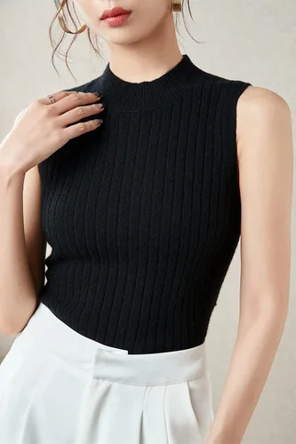 Miniatura 4 de LINY XIN Chaleco de punto 100% lana merino para mujer, sin mangas, suéter clásico sólido