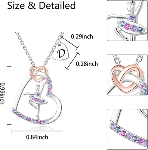 Miniatura 2 de ACJNA Ballerina Necklace - Sterling Silver - Dance Necklaces for Girls Initial Letter Ballet Jewelry Pendant Rainbow Colorful CZ Heart Silhouette