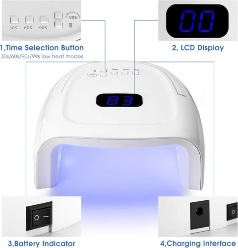 Miniatura 2 de Lámpara de uñas LED UV, lámpara de uñas inalámbrica de 60 W, luz LED profesional para uñas de gel, secadora de uñas con 42 cuentas, perfecta