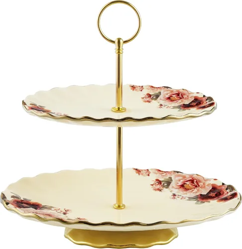 Fanquare - Soporte de cupcakes vintage de 2 niveles en porcelana, soporte para té de la tarde en blanco con ribete dorado, soporte de postres floral
