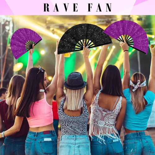 Miniatura 6 de Maitys 2 Piezas Abanicos Grandes Plegables de Mano Rave Abanicos Grandes de Aplaudir para Baile en Línea Tela de Nailon Abanico de Mano Rave