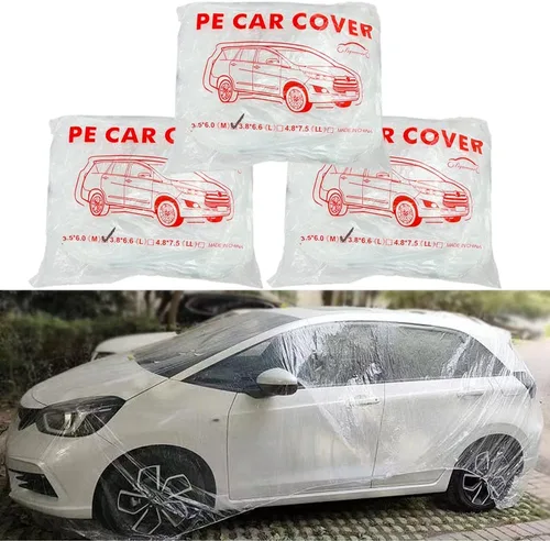 LuliKa Paquete de 3 fundas desechables de plástico transparente para automóvil, cubierta universal de lluvia y polvo para garaje con banda elástica,