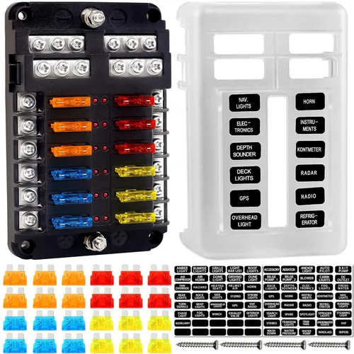 Bloque de fusibles, soporte de caja de fusibles de 12 V con indicador LED, cubierta impermeable, panel Cyrico de 12 circuitos con bus negativo para