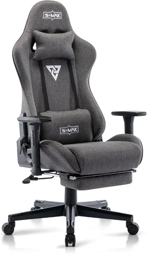 S*MAX Silla de juegos de tela con reposapiés, asiento grueso, silla ergonómica para juegos con reposabrazos 3D, sillas de tela transpirable para Gris