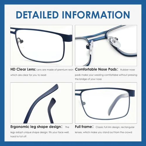 Miniatura 4 de Lentes de lectura de metal para hombres, con bloqueo de luz azul, lentes rectangulares de borde completo, bisagras de resorte, paquete de 3