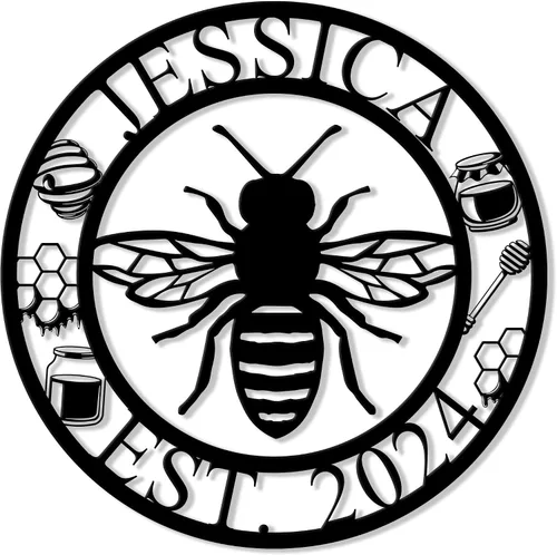 Miniatura 13 de Letrero de metal personalizado de abeja, cartel colgante de abeja de miel, porche de bienvenida al aire libre, valla de pared con nombre