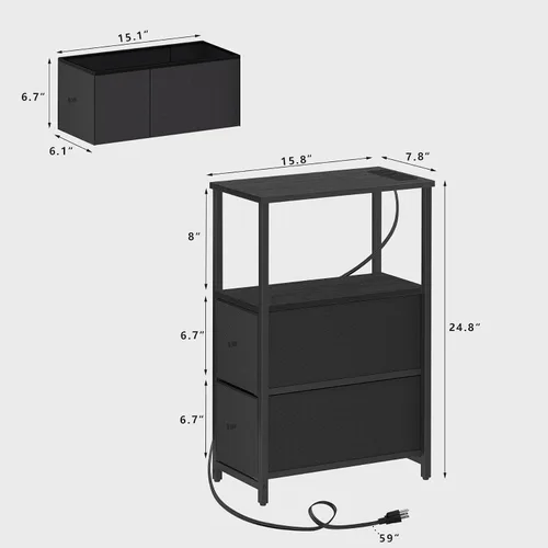 Miniatura 3 de TUTOTAK Mesa auxiliar pequeña y estrecha con LED y estación de carga, mesa lateral con tomas de corriente, mesita de noche con 2 cajones de tela